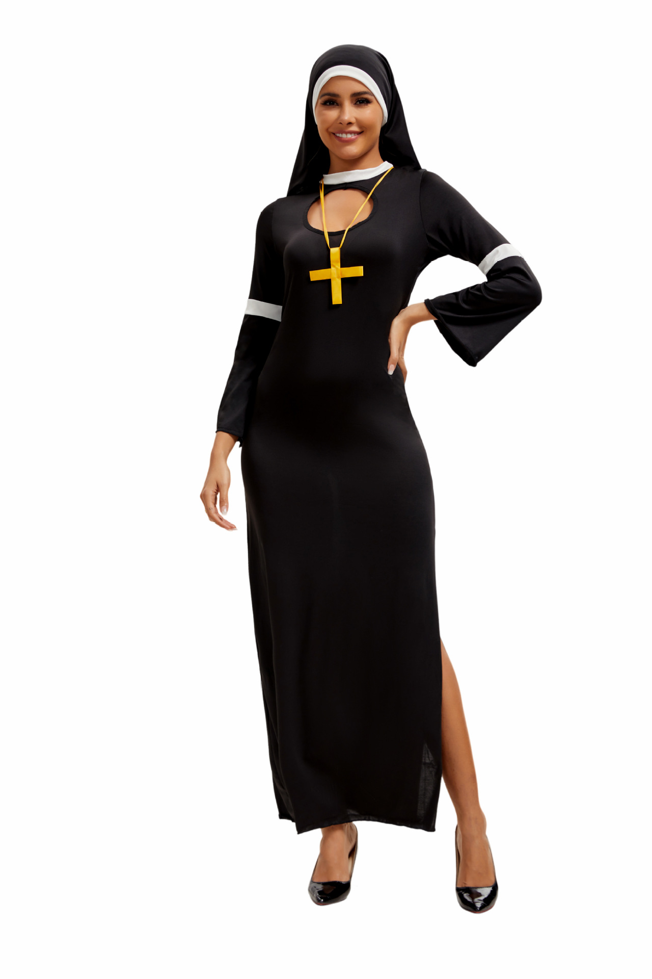 Sexy Cosplay Nun Costumes 3 Piece Sets Cutout Split Maxi Dresses